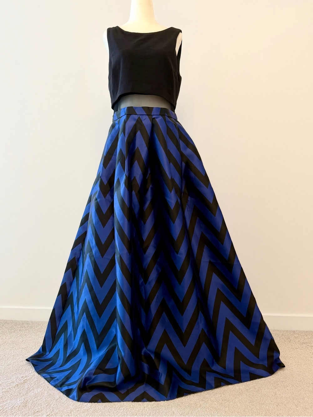 Betsy and Adam Blue and Black Chevron Maxi Skirt - Women's Full A-Line